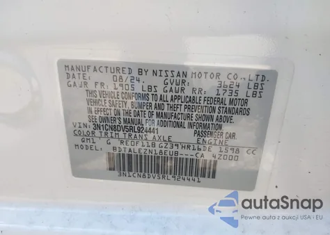 2024 Nissan Versa 1.6 S z USA, uszkodzony, nr VIN 3N1CN8DV5RL924441